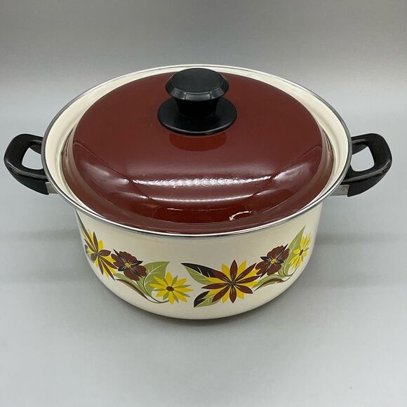 70s Floral Enamel Ware Dutch Oven Stock Pot Double Handle MCM - Picture 2 of 9